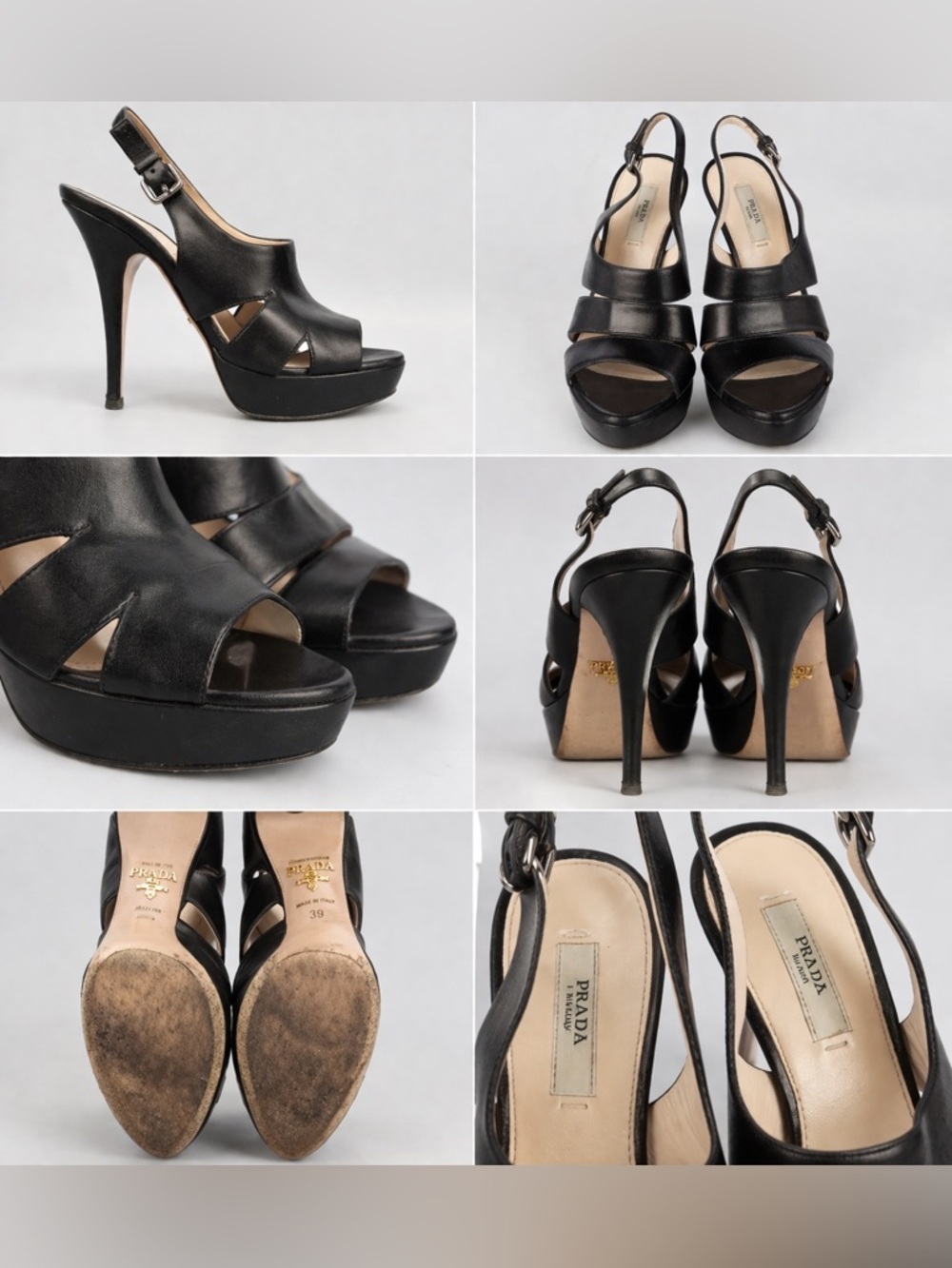 Prada Black Leather Platform Slingback Heels Size 39 Designer Sandals - Picture 4 of 4